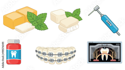 Collection of dental care and oral hygiene icons including chewing gum, braces, x-ray, and a professional dental drill.