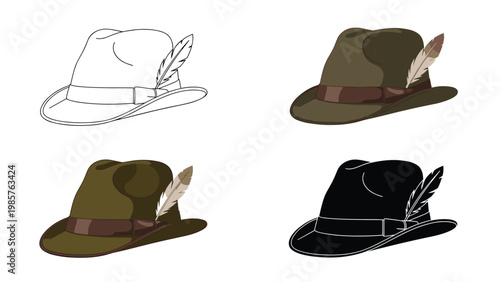 Set of fedora hats with feathers in four different styles including outline, colored, and solid black silhouette.