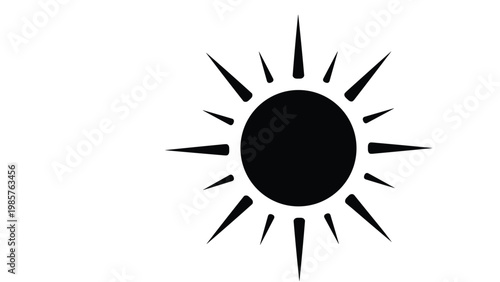 Black silhouette of a sun with many sharp rays extending outwards from the center on a plain white background.