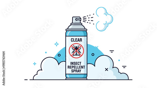 Insect repellent spray can in a blue cloud of mist with a bug icon inside a red prohibited circle for protection.