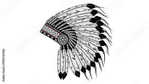 Detailed grayscale illustration of a traditional Native American headdress with many feathers and intricate patterns.