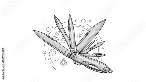 Intricate line art drawing of a multi-tool pocket knife with various blades and tools extended for outdoor use.