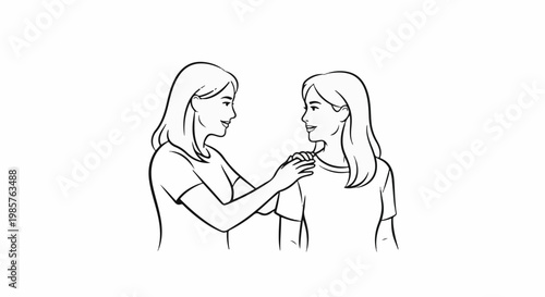Two smiling women, one with a hand on the other's shoulder, in a simple line drawing
