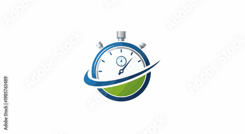 Stylized stopwatch with blue and green swoosh motion graphic