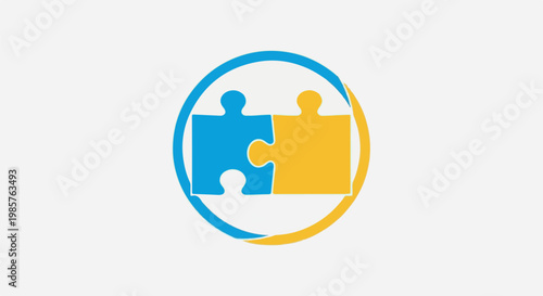 Two puzzle pieces, blue and yellow, connect within a circular outline