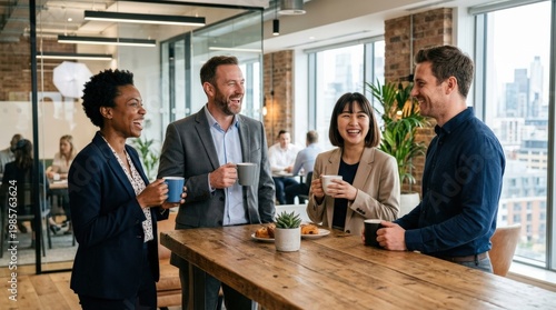 Happy businesspeople taking a coffee break at work, relaxed smiles, mugs in hand, modern office setting, friendly professional atmosphere, ultra-realistic, no logos.