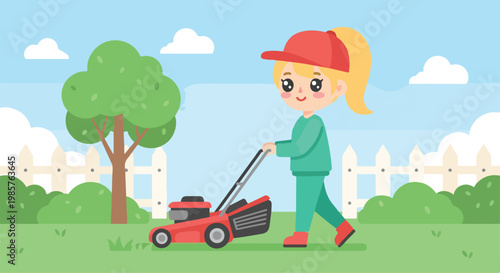 Young girl mowing the lawn in a sunny park with trees and a city skyline in the background during daytime
