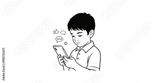 Young boy engrossed in his phone, with social media icons floating around