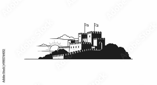 A monochrome depiction of a fortified castle structure atop a hill at sunrise