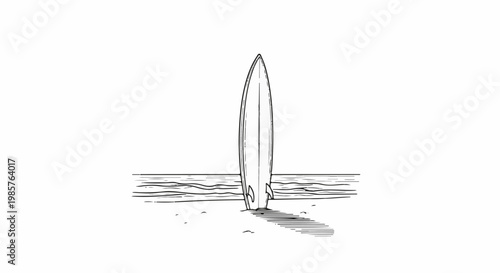 A lone surfboard stands upright on a sandy beach beside gentle ocean waves