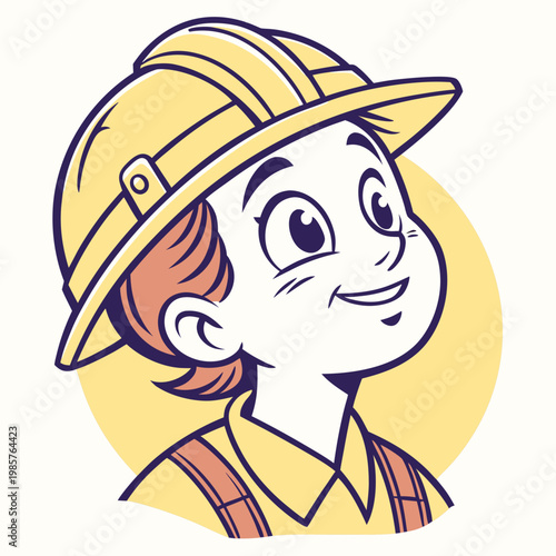 Cartoon builder boy wearing yellow safety helmet.