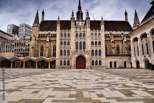 London UK landmark. Guildhall building in Moorgate area. It is located in the wards of Bassishaw and Cheap.