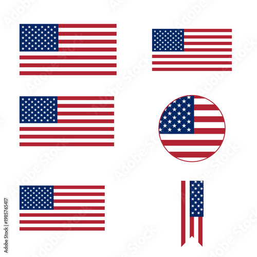 American flags collection in various shapes and orientations on white background