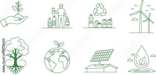 Illustrations depicting various sustainable living and environmental practices