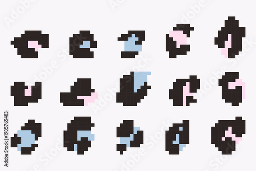 A pixel art vector leopard spot elements set in black, pink, blue and cream on white background 