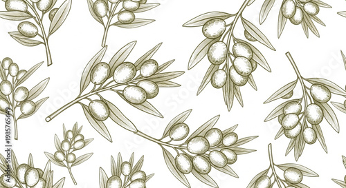 Olive branch seamless pattern, gold botanical design, leaf and berry illustration, elegant vector background