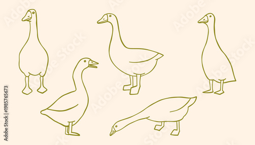 Geese Hand Drawn Vector Icons Set. Monochrome Design Elements Isolated. Perfect For Print, Stickers, Cards, Packaging, Stationery or Textile.