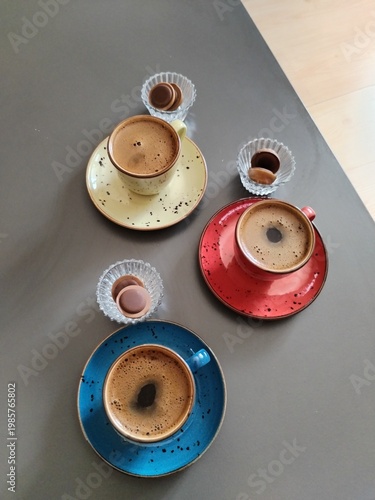 Turkish coffee prepared in colorful cups