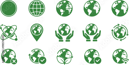 Collection of diverse environmental and sustainability icons featuring globe imagery