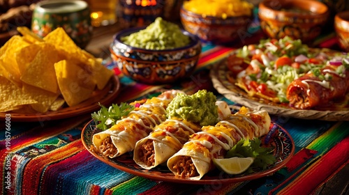 Authentic Mexican Enchiladas on Colorful Fabric / カラフルな布にのった本格的なメキシコ風エンチラーダ