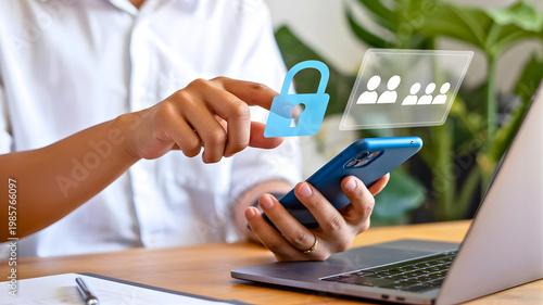 Person using a smartphone with a floating digital padlock and user group symbol on the screen