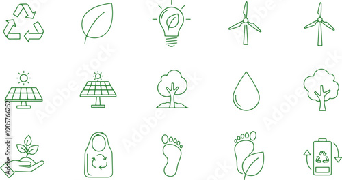 Icons representing various sustainable and renewable energy sources and eco-friendly practices