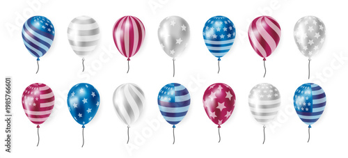 Realistic 3D USA balloons icons set. United States flag colors patriotic balloon with star, stripes. July 4th american independence day celebration. Vector illustration for party card, flyers, banner.