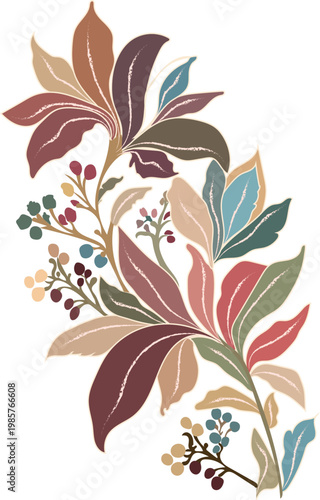 Elevate your creative work with this beautifully crafted boho botanical illustration. It features elegantly muted earthy leaves and delicate berries, making it an ideal choice for modern designs.