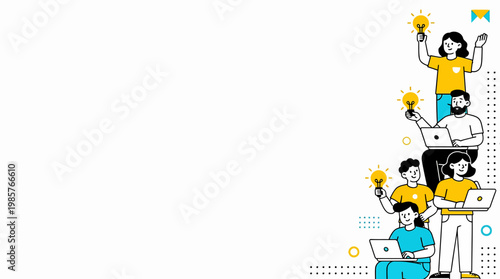 People vector illustrations in various activities of business, teamwork, creative process, brainstorming, idea generation, presentation background, copy space banner.