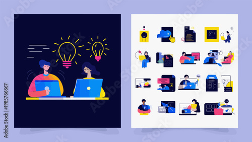 People vector illustrations in various activities of business, teamwork, creative process, graphic and web design, idea generation, digital workspace.