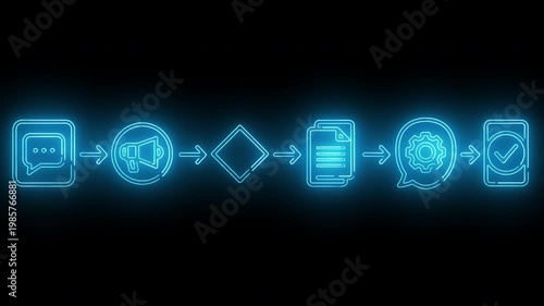 Neon-lit cybersecurity flowchart with threat detected center on black background