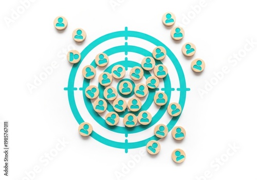 Teal target with wooden people icons on white background for marketing or demographic concept