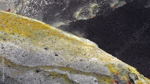 Volcanic Gas Emissions and Off-gassing at Tajogaite Crater Summit; La Palma Canary Islands Volcano Aerial View; Sulfur Dioxide Fumaroles and Geothermal Activity