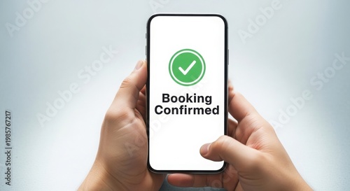 Hands holding smartphone with booking confirmed on screen