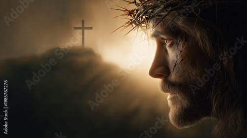 Jesus Christ Wearing Crown of Thorns and Cross Against Landscape