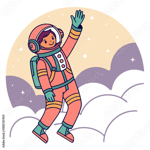 Astronaut in space suit among clouds.