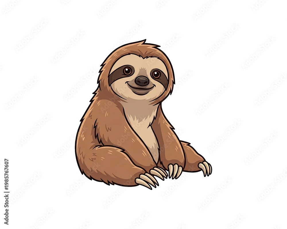 Fototapeta premium Happy cartoon sloth sitting and smiling, a slow moving mammal known for its relaxed nature