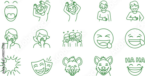 Collection of expressive faces and laughter symbols in simple line art