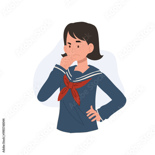 thinking girl student confused expression hand on chin cartoon illustration decision doubt concept school character
