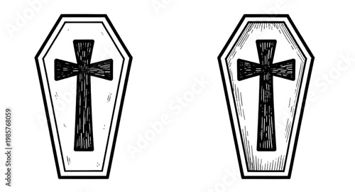 coffin, cross, funeral, death, grave, burial, coffinbox, casket, religion, christian, symbol, black, white, vector, illustration, icon, mourning
