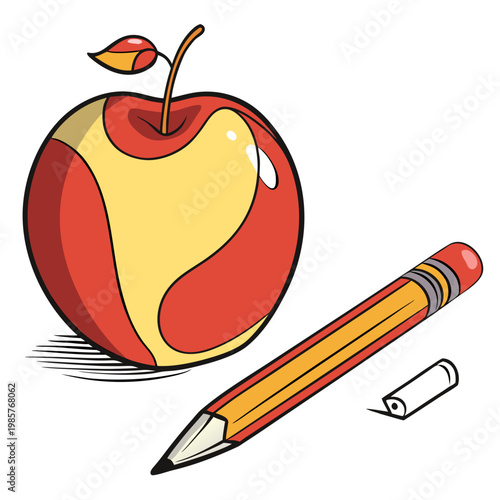 Apple and pencil with eraser for schoolwork concept.