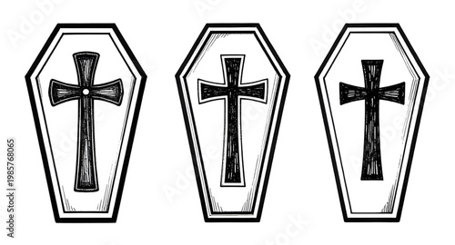 coffin, cross, funeral, death, grave, burial, coffinbox, casket, religion, christian, symbol, black, white, vector, illustration, icon, mourning