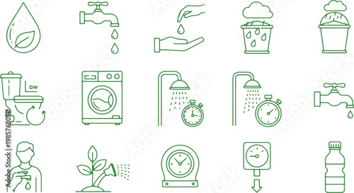 Illustrations of various water conservation and usage methods in daily life