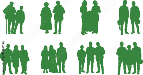 Green silhouettes of diverse groups of people in various social interactions