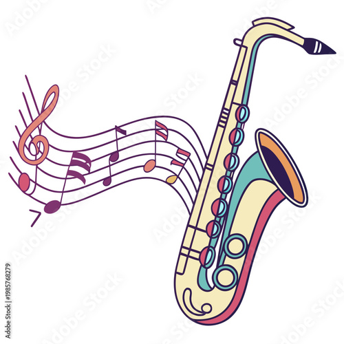 Saxophone with musical notes on stave.