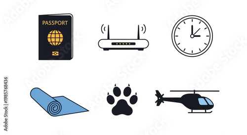 Collection of icons: passport, router, clock, yoga mat, paw print, helicopter