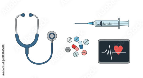 Set of medical equipment icons with stethoscope syringe pills and heart rate monitor