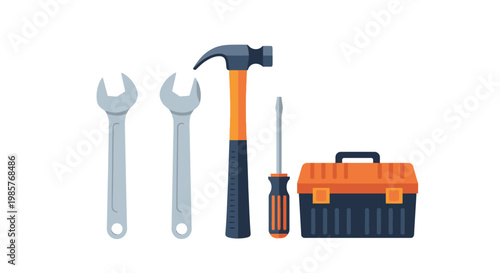 Collection of tools and a toolbox against a white background.