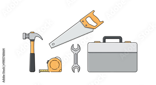 A collection of common building and hand tools on a white background.