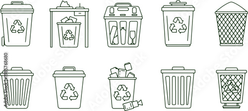 Various types of waste and recycling bins with different contents and symbols